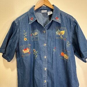 Vintage Bobbie Brooks Denim Shirt Embroidered Fall Harvest Theme Size 14W 16W